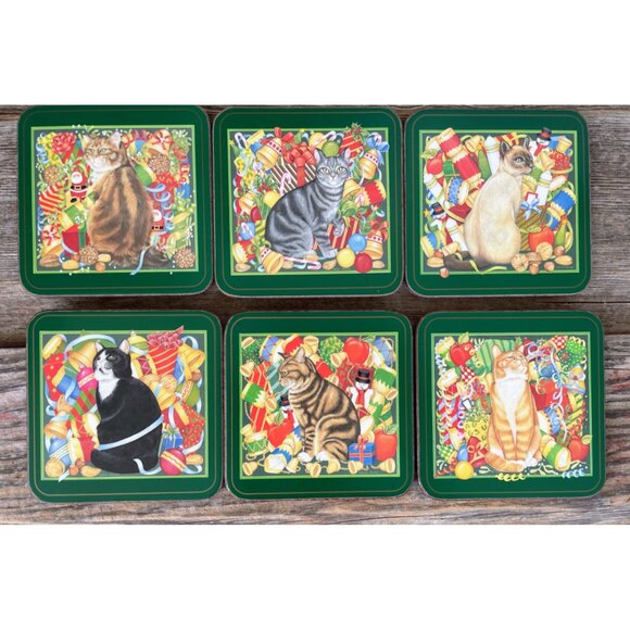 Vintage 1970s Pimpernal England Set of 6 Christmas Cat Kitty Coasters - Picture 1 of 10